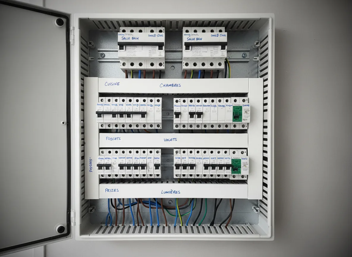 Tableau électrique remplacé, modules disjoncteurs alignés et étiquetés