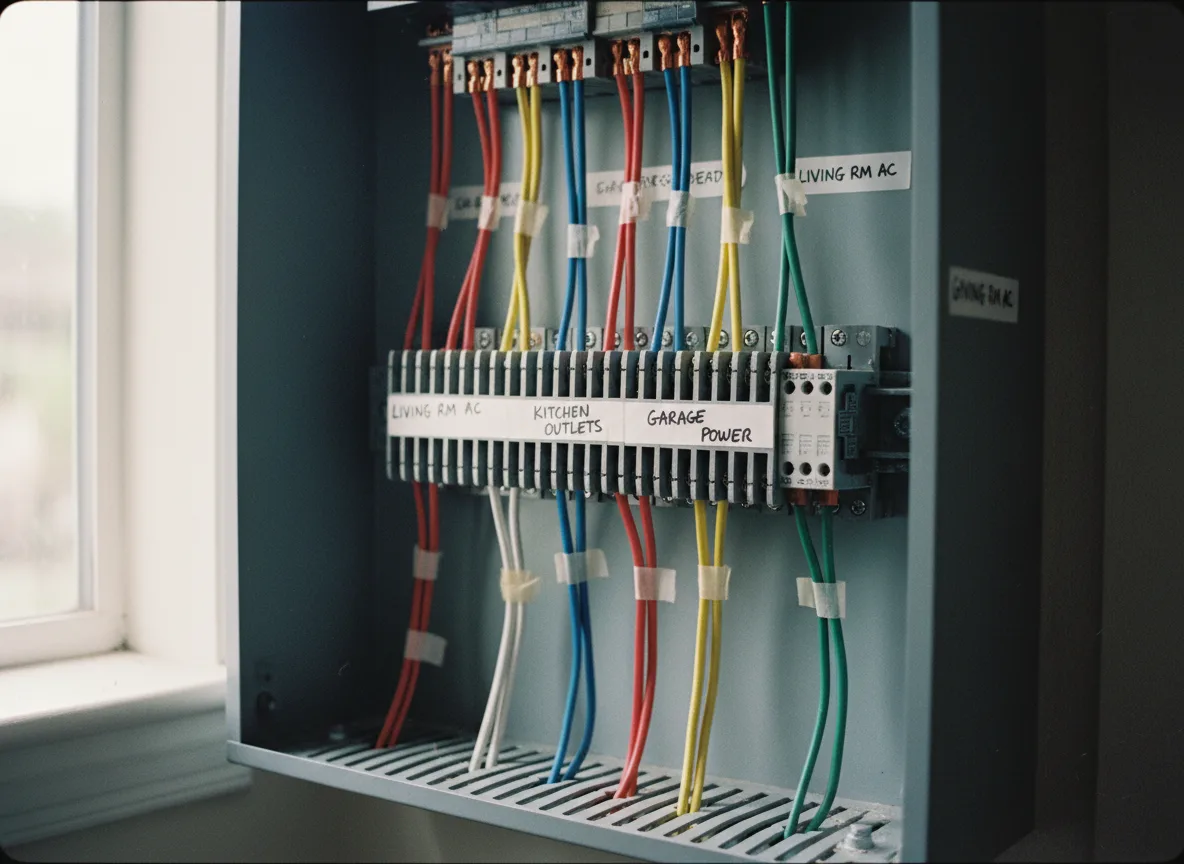 Câblage triphasé soigné dans un coffret électrique